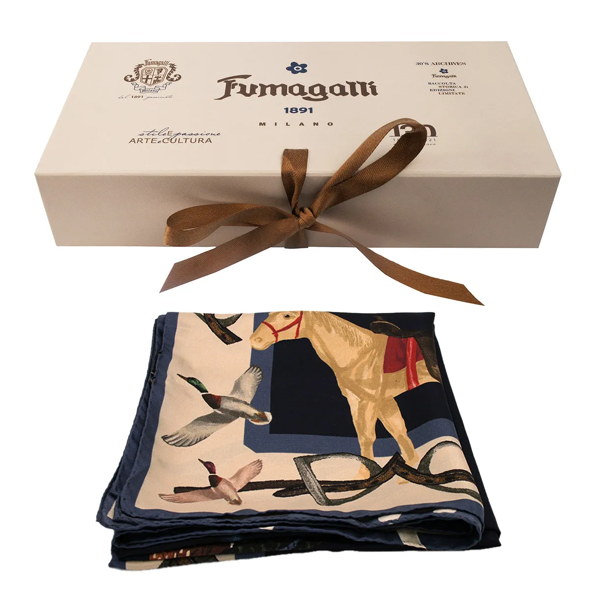Blue cavalry themed silk scarf 90