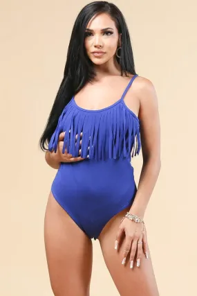 Blue Western Solid Fringed Camisole Bodysuit