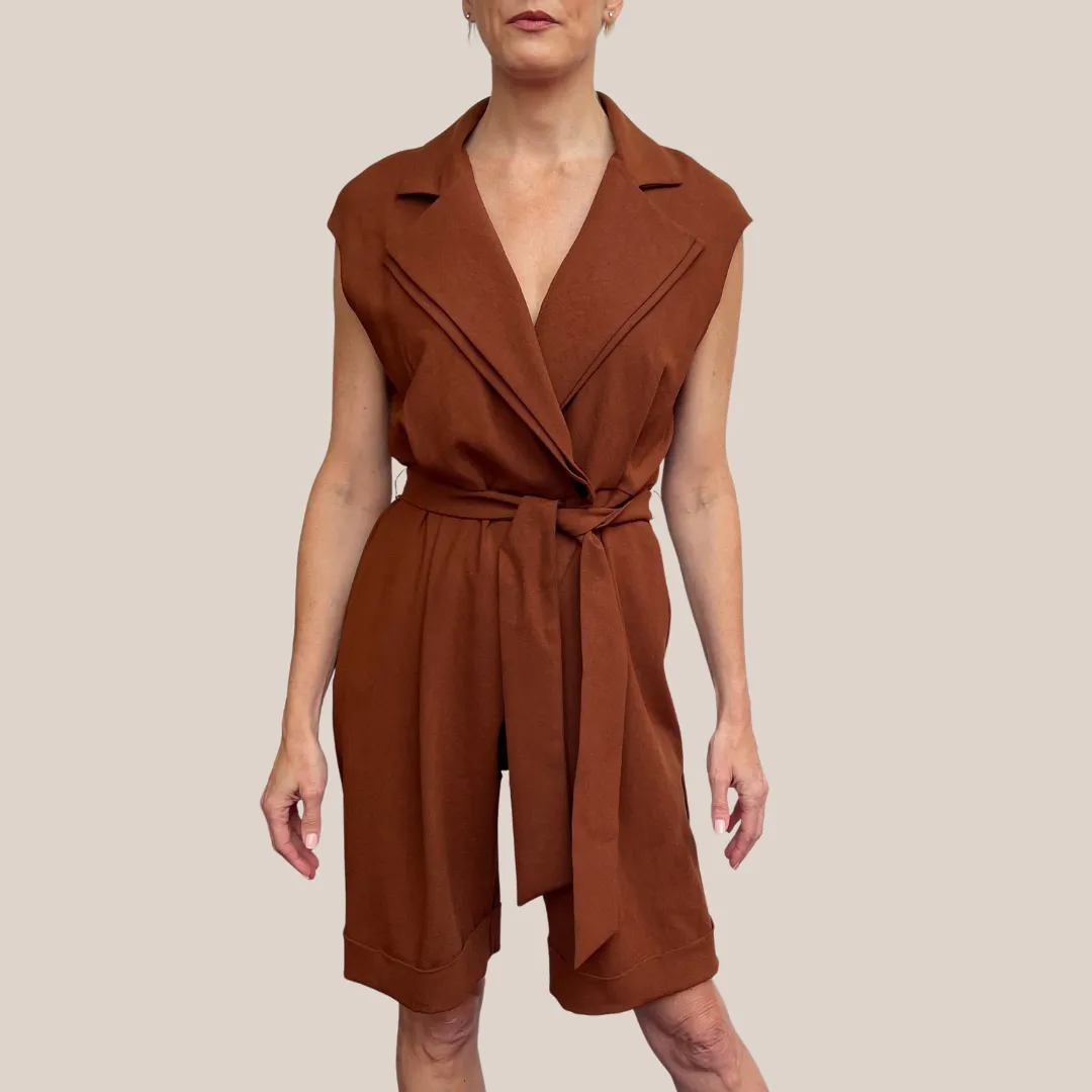 Collared V-Neck Cap Sleeve Crossover Romper - Rust