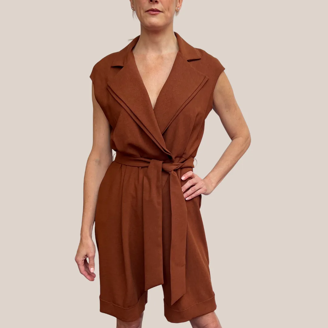 Collared V-Neck Cap Sleeve Crossover Romper - Rust