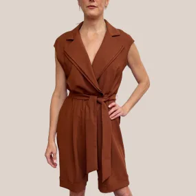 Collared V-Neck Cap Sleeve Crossover Romper - Rust