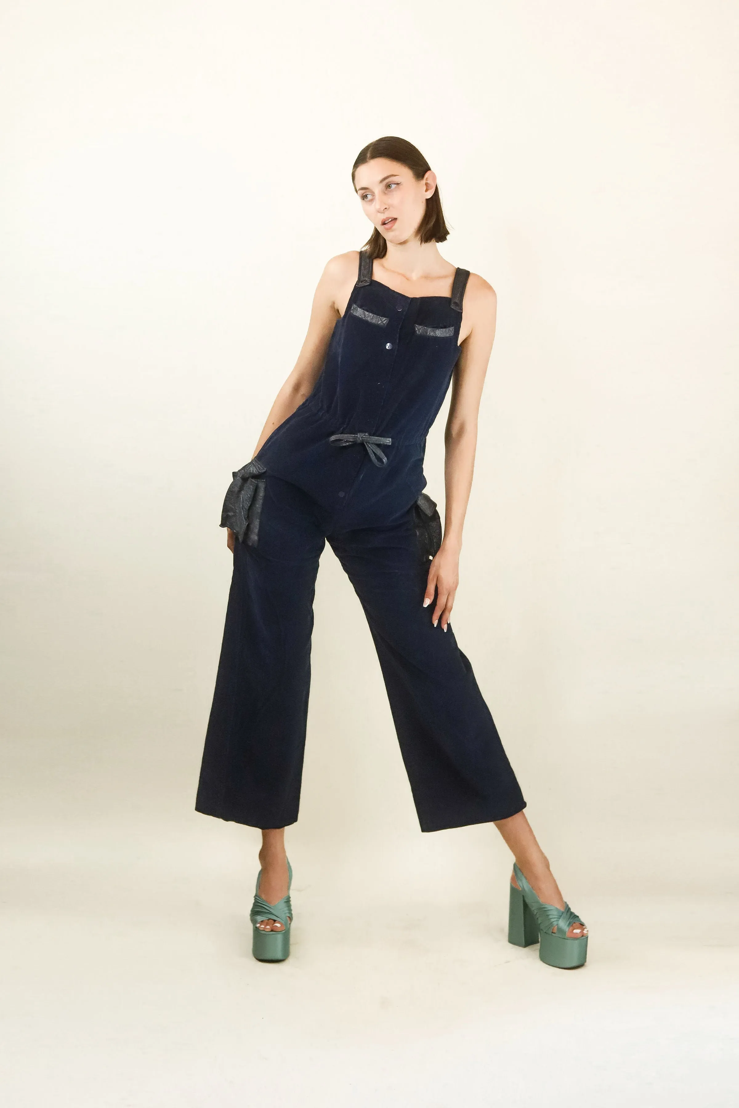 Courreges  Hyperbole c.1970's Navy Corduroy and Vinyl Jumpsuit