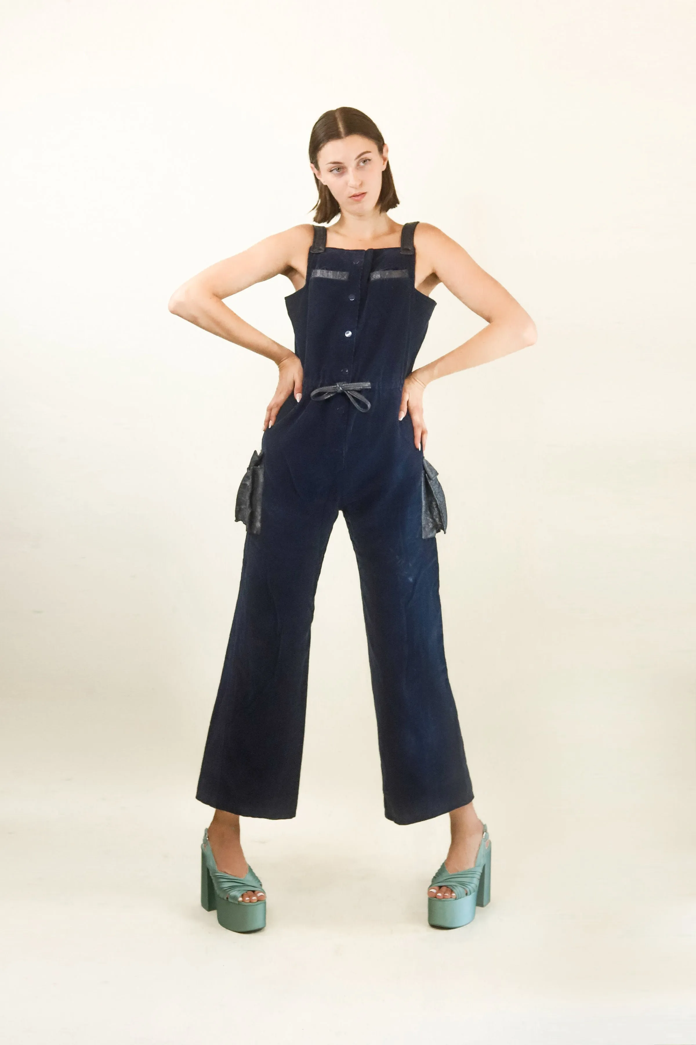 Courreges  Hyperbole c.1970's Navy Corduroy and Vinyl Jumpsuit