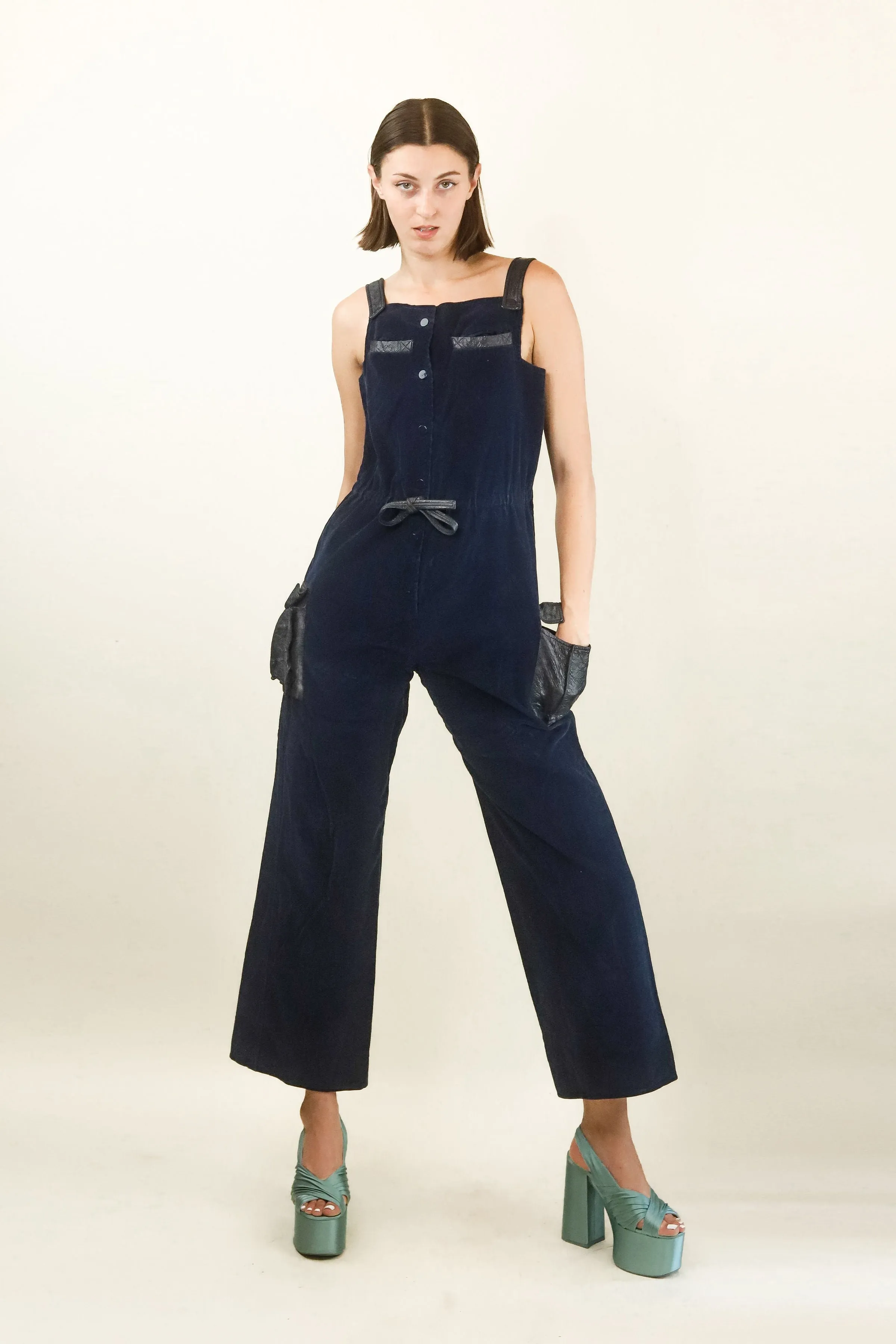 Courreges  Hyperbole c.1970's Navy Corduroy and Vinyl Jumpsuit