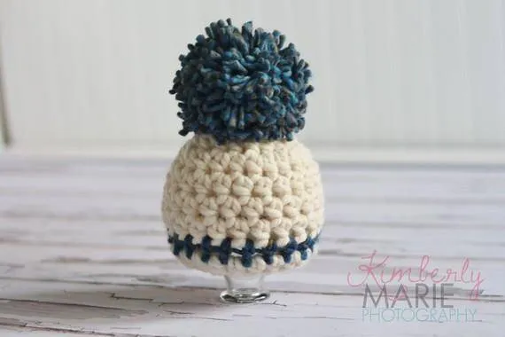 Cream Newborn Denim Pom Hat