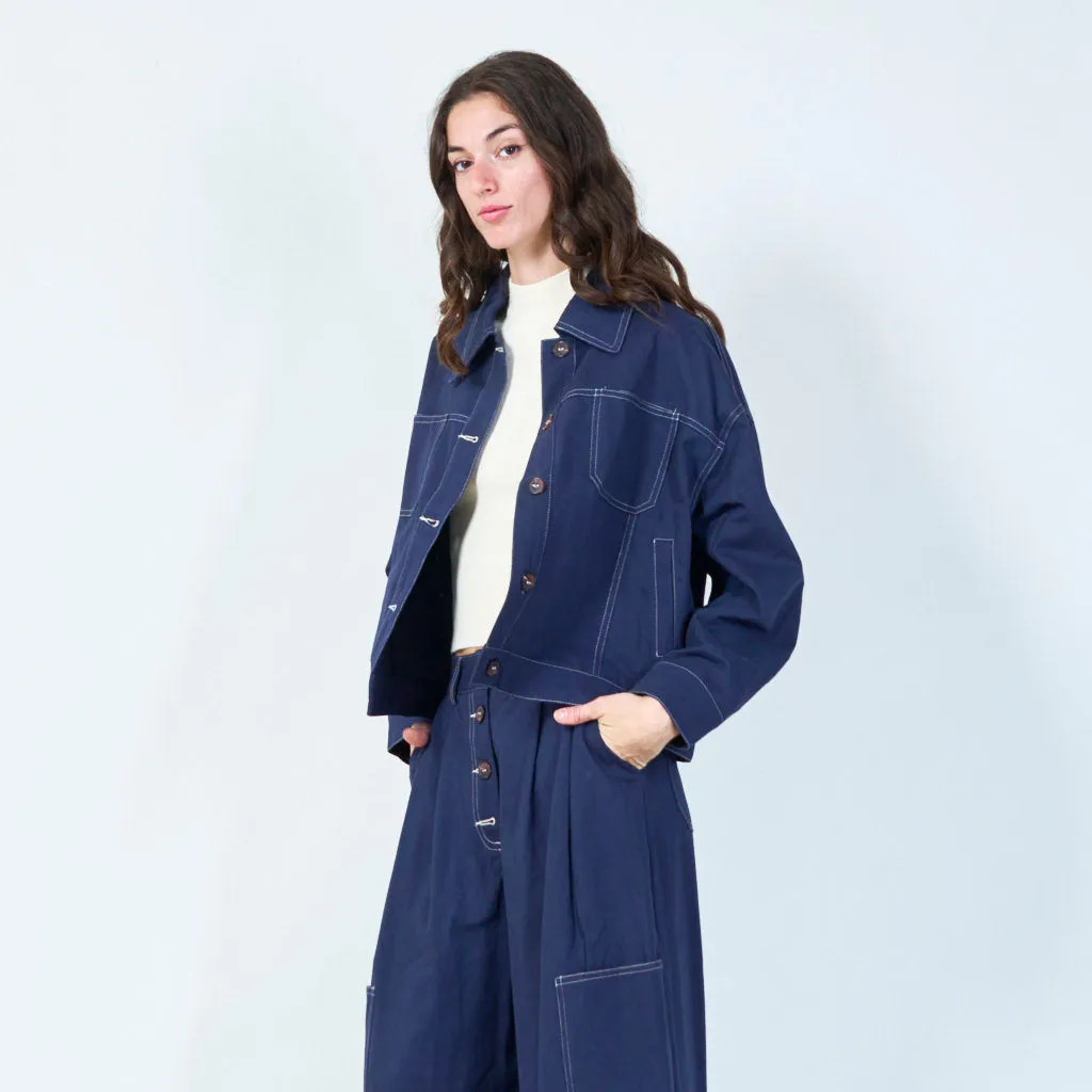 Cropped denim jacket with contrast stitching wholesale