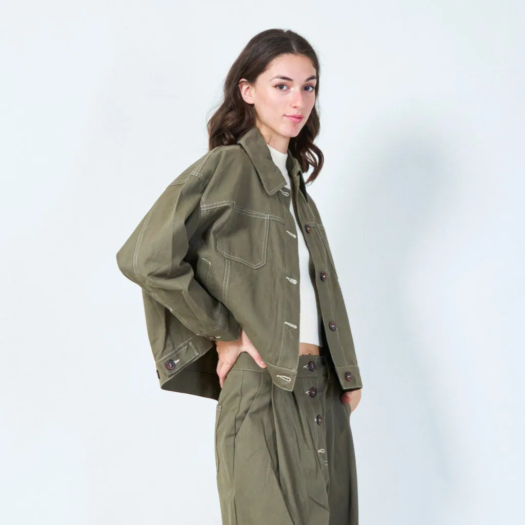 Cropped denim jacket with contrast stitching wholesale