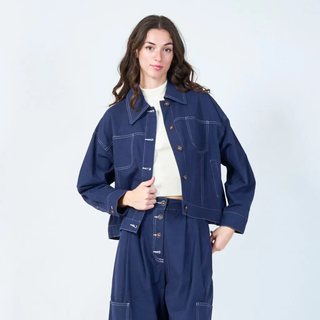 Cropped denim jacket with contrast stitching wholesale