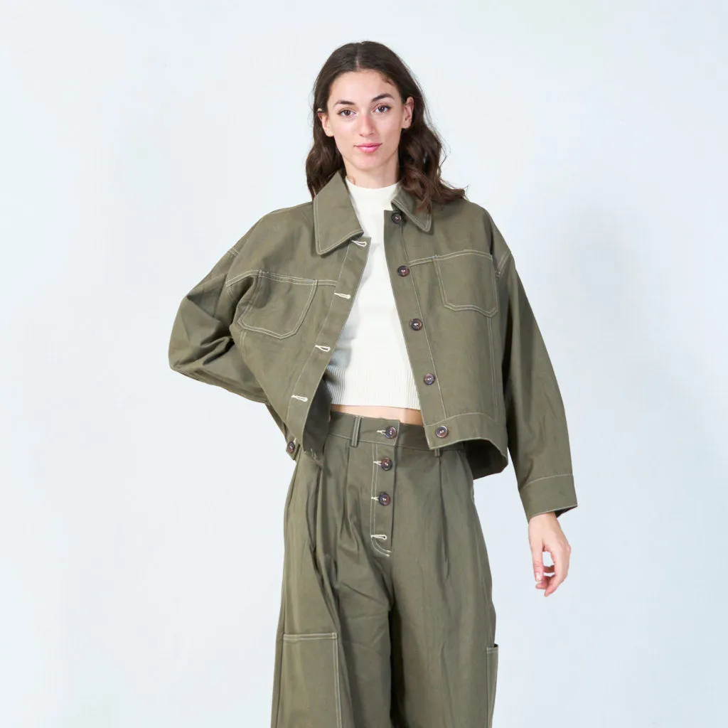 Cropped denim jacket with contrast stitching wholesale