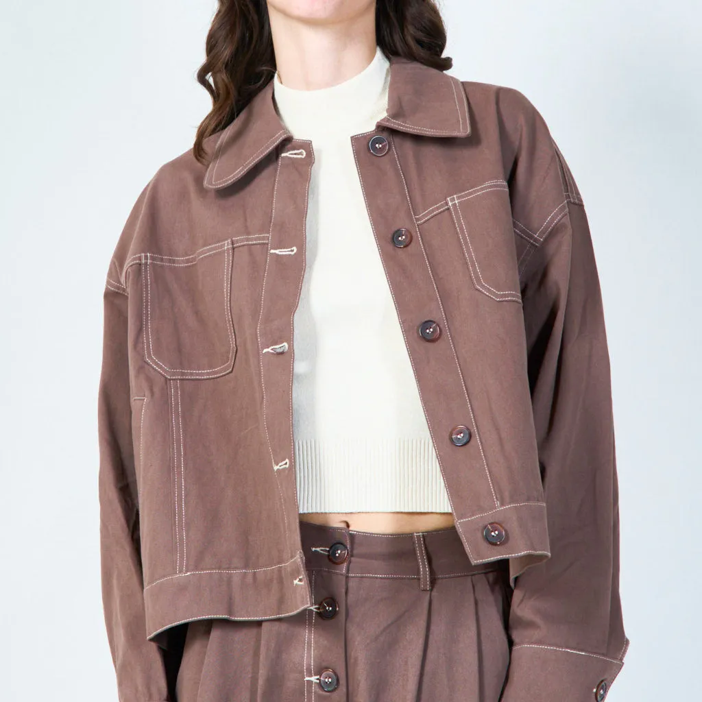 Cropped denim jacket with contrast stitching wholesale