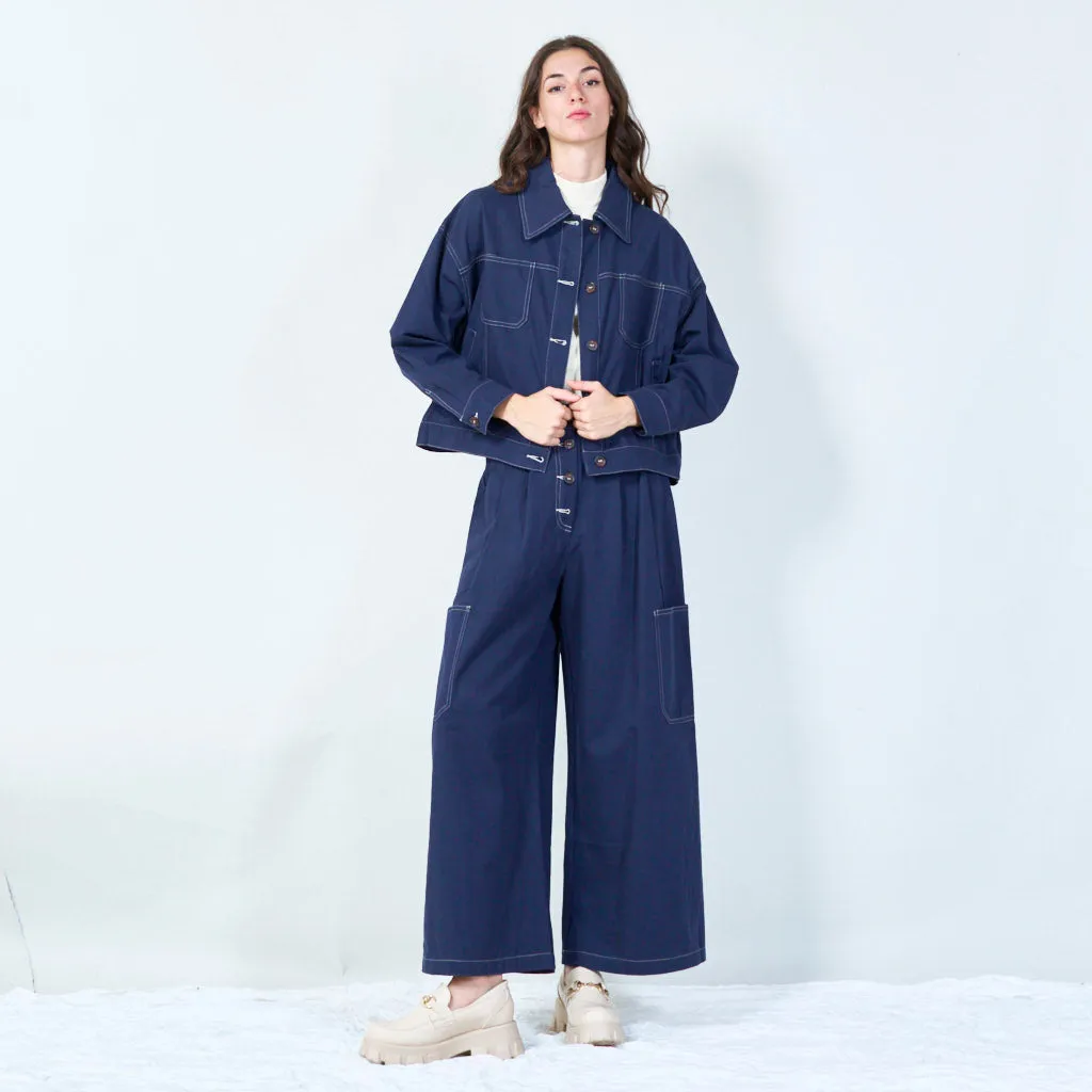 Cropped denim jacket with contrast stitching wholesale