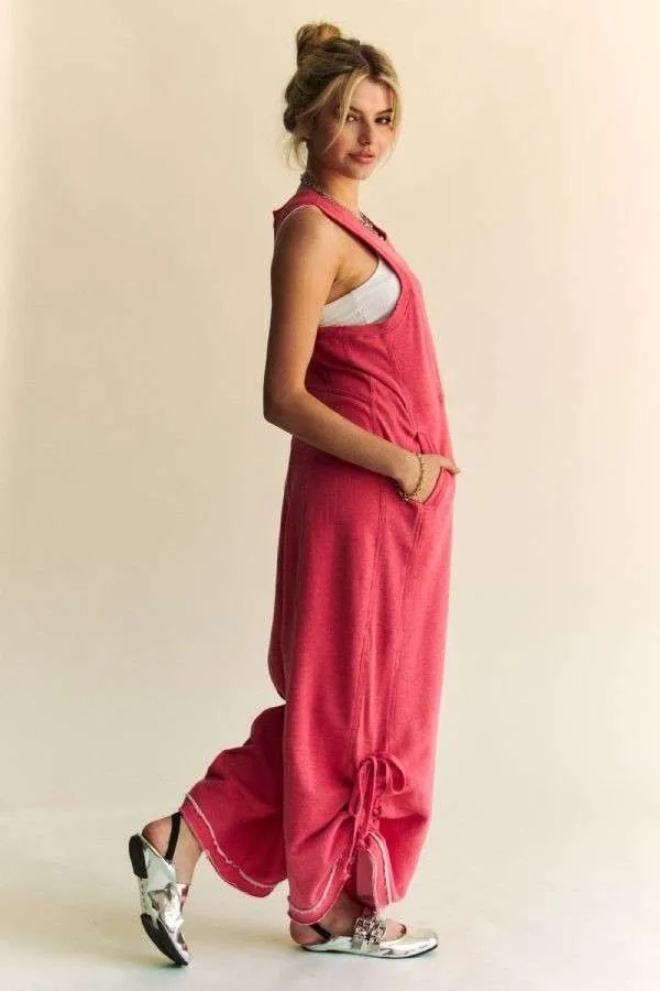 Davi & Dani French Terry and Contrasting Ribbed Knit Jumpsuit in Rose Pink