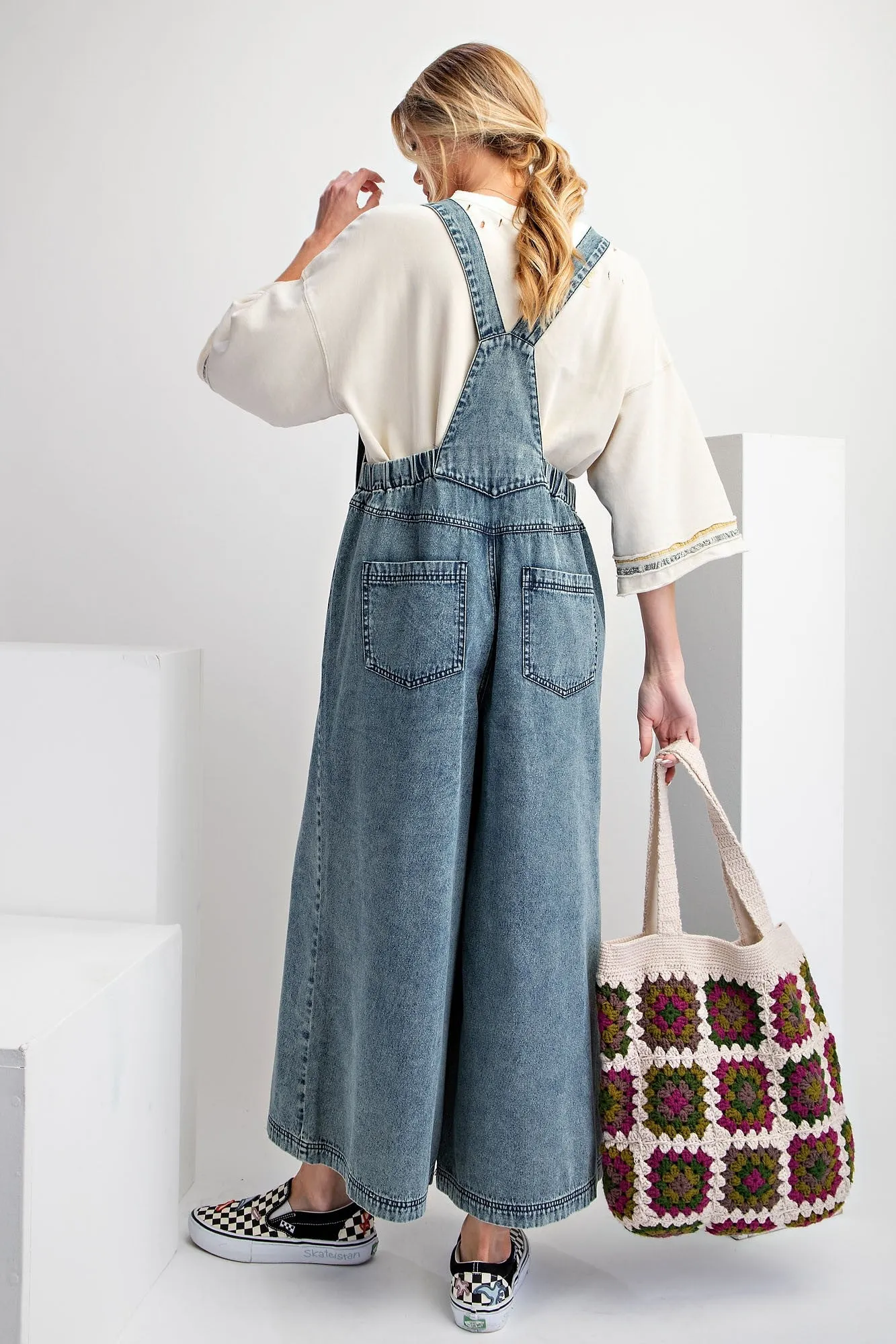 Easel Stone Washed Denim Jumpsuit in Washed Denim
