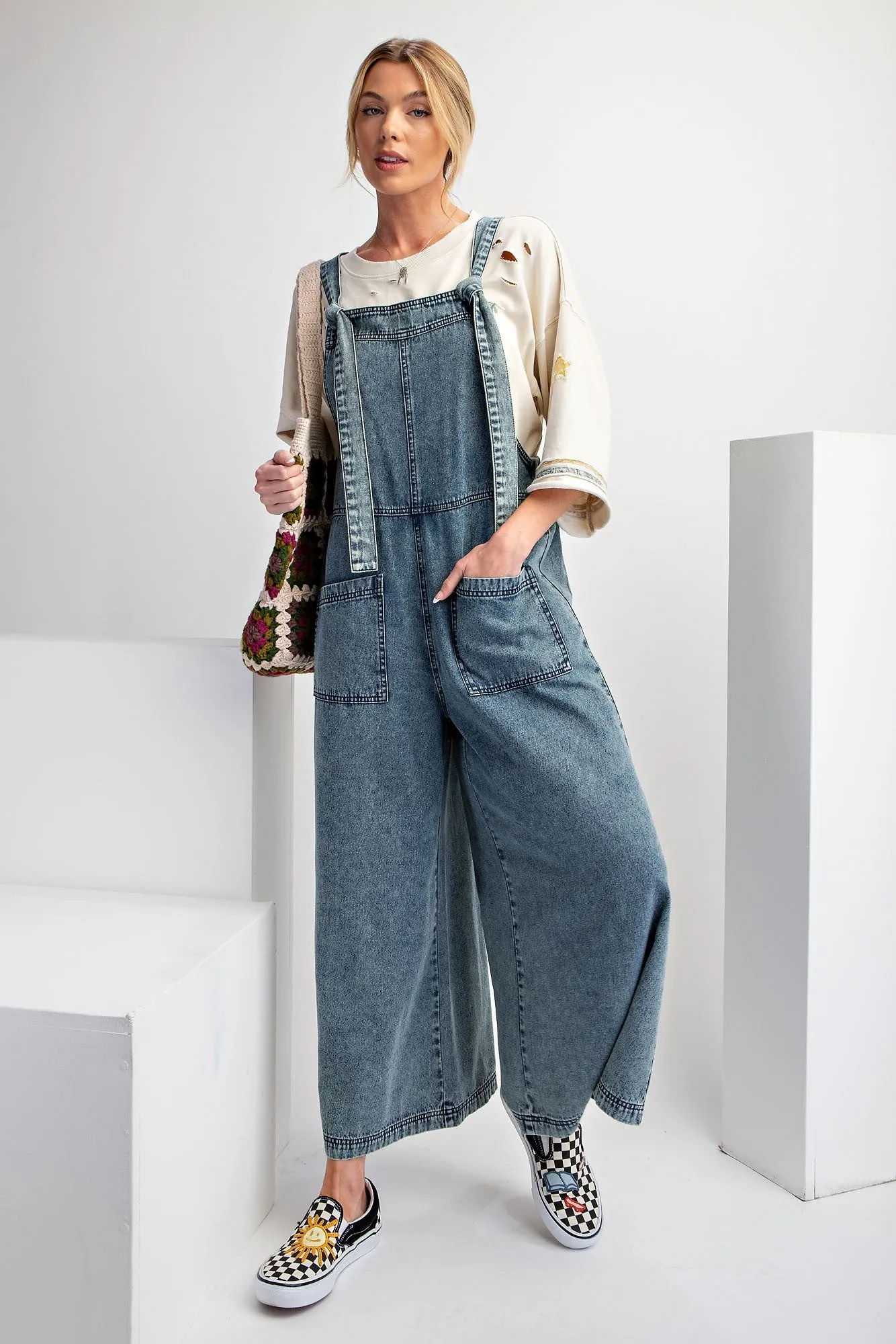 Easel Stone Washed Denim Jumpsuit in Washed Denim