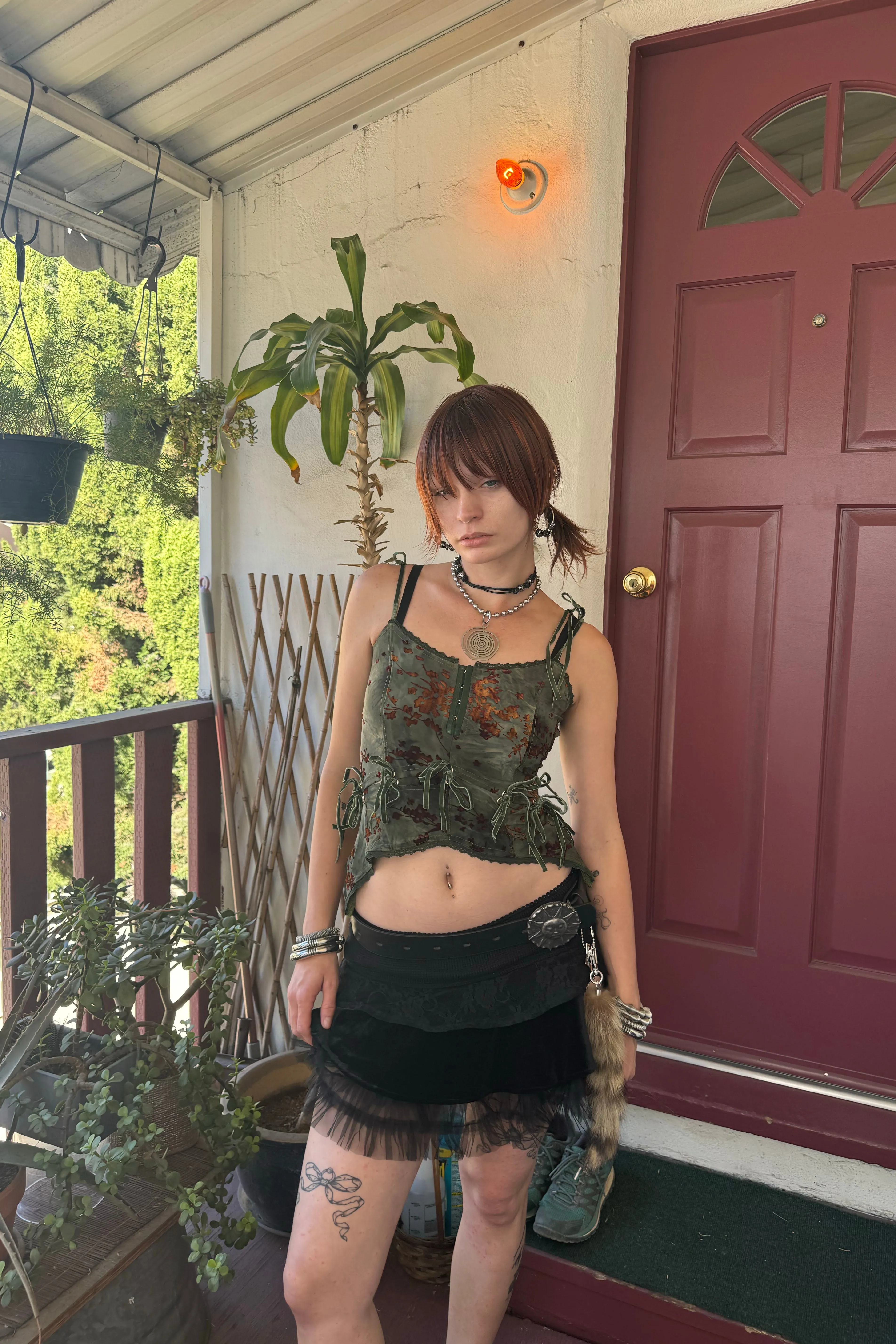 Gwendolyn Olive Floral Burnout Lace Tie-Up Camisole