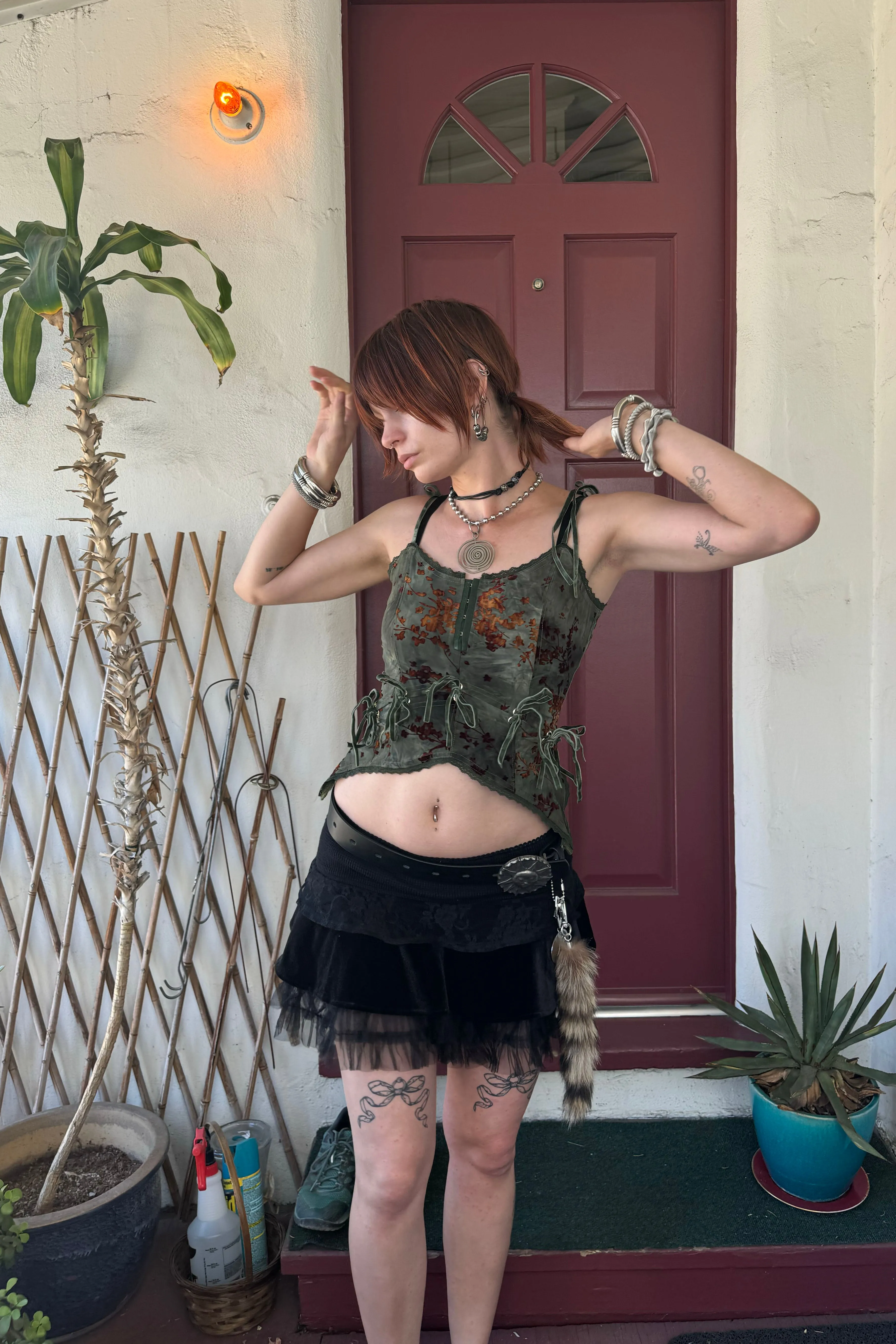 Gwendolyn Olive Floral Burnout Lace Tie-Up Camisole