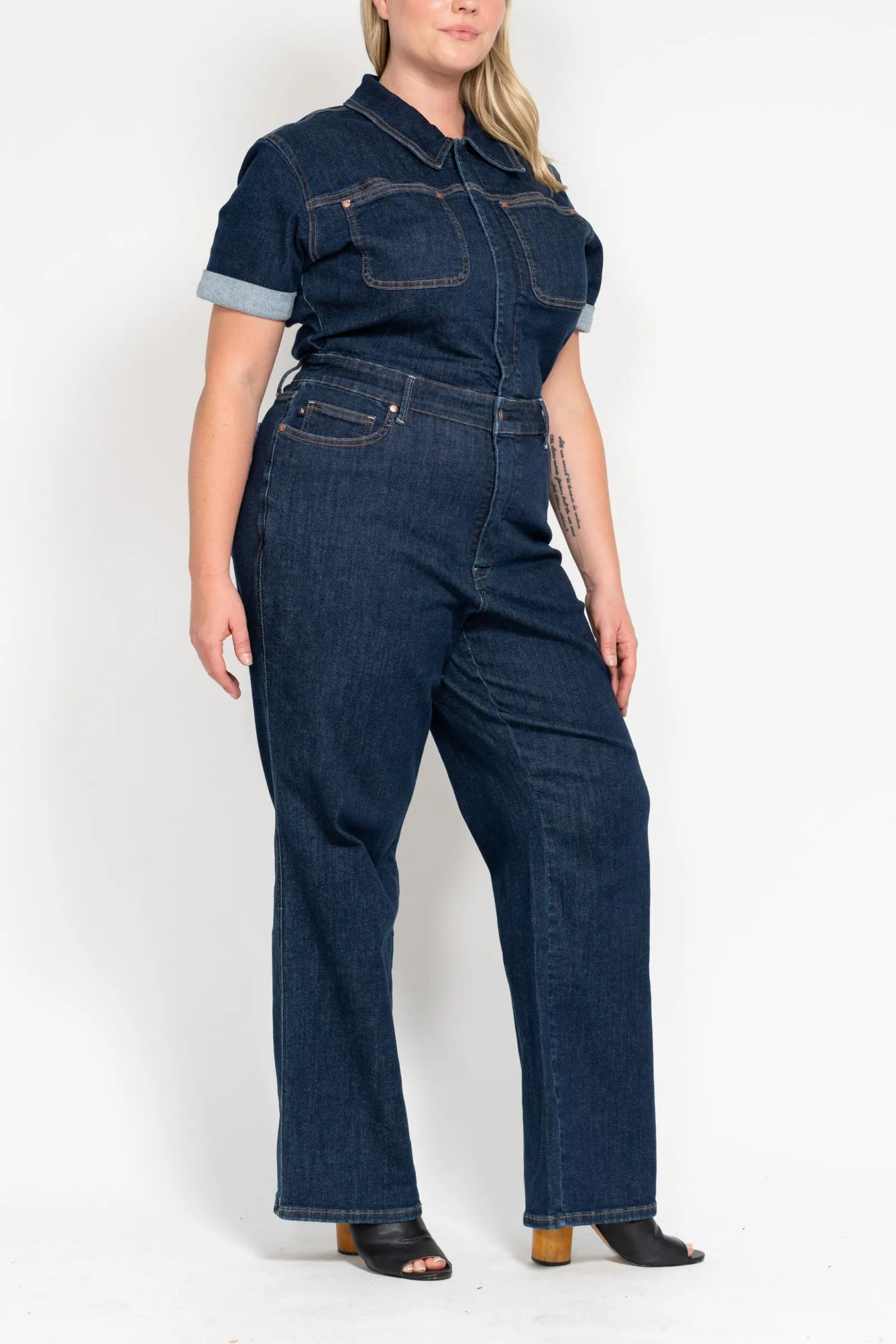 Judy Blue High Waist Tummy Control Short Sleeve Straight Denim Jumpsuit 88835