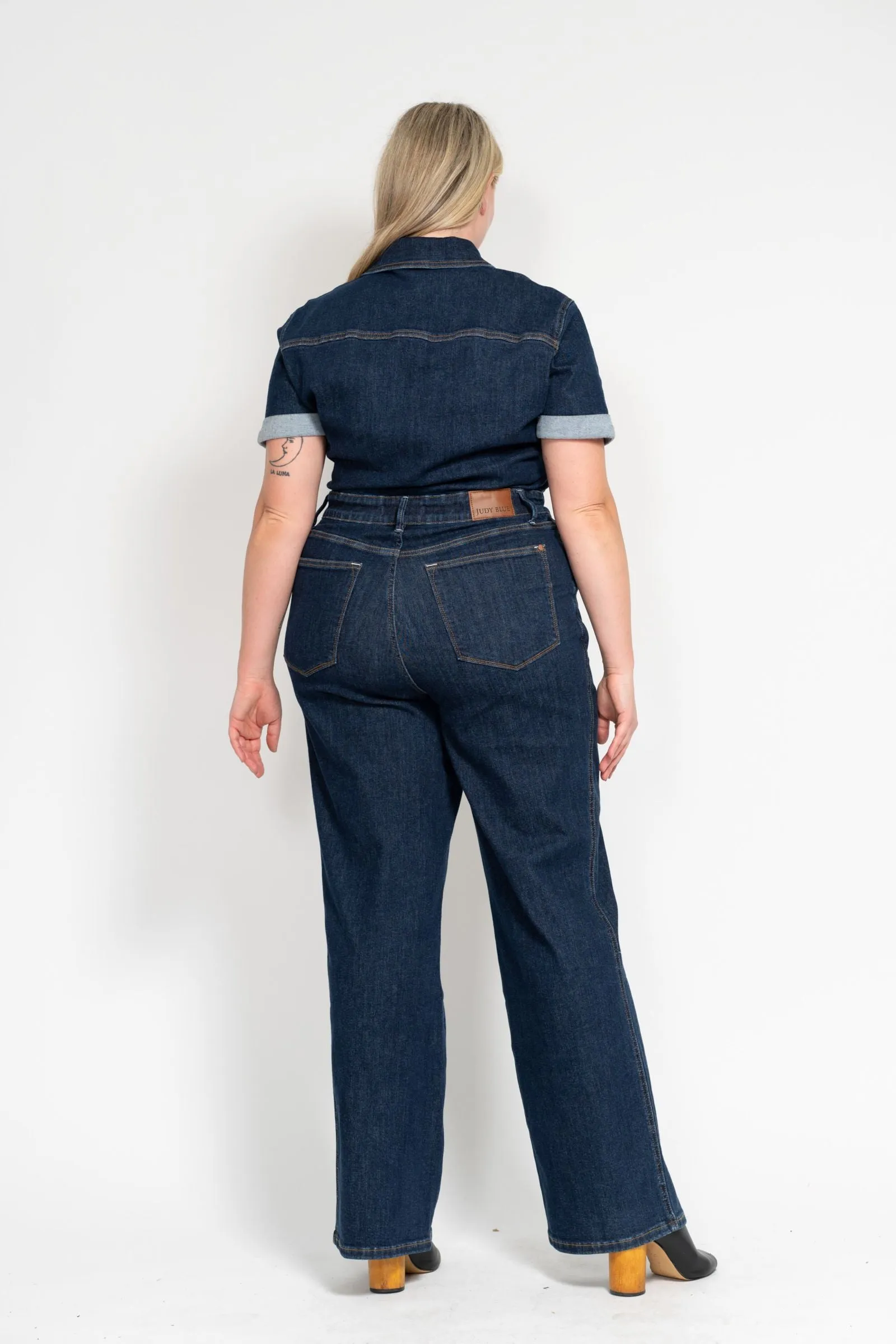 Judy Blue High Waist Tummy Control Short Sleeve Straight Denim Jumpsuit 88835