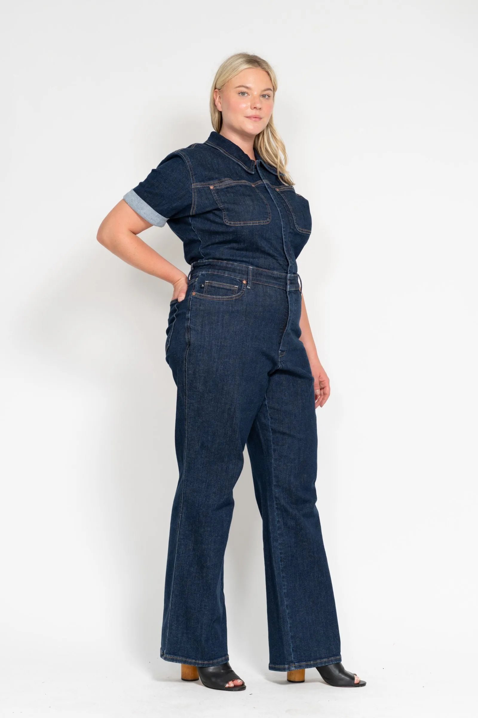 Judy Blue High Waist Tummy Control Short Sleeve Straight Denim Jumpsuit 88835