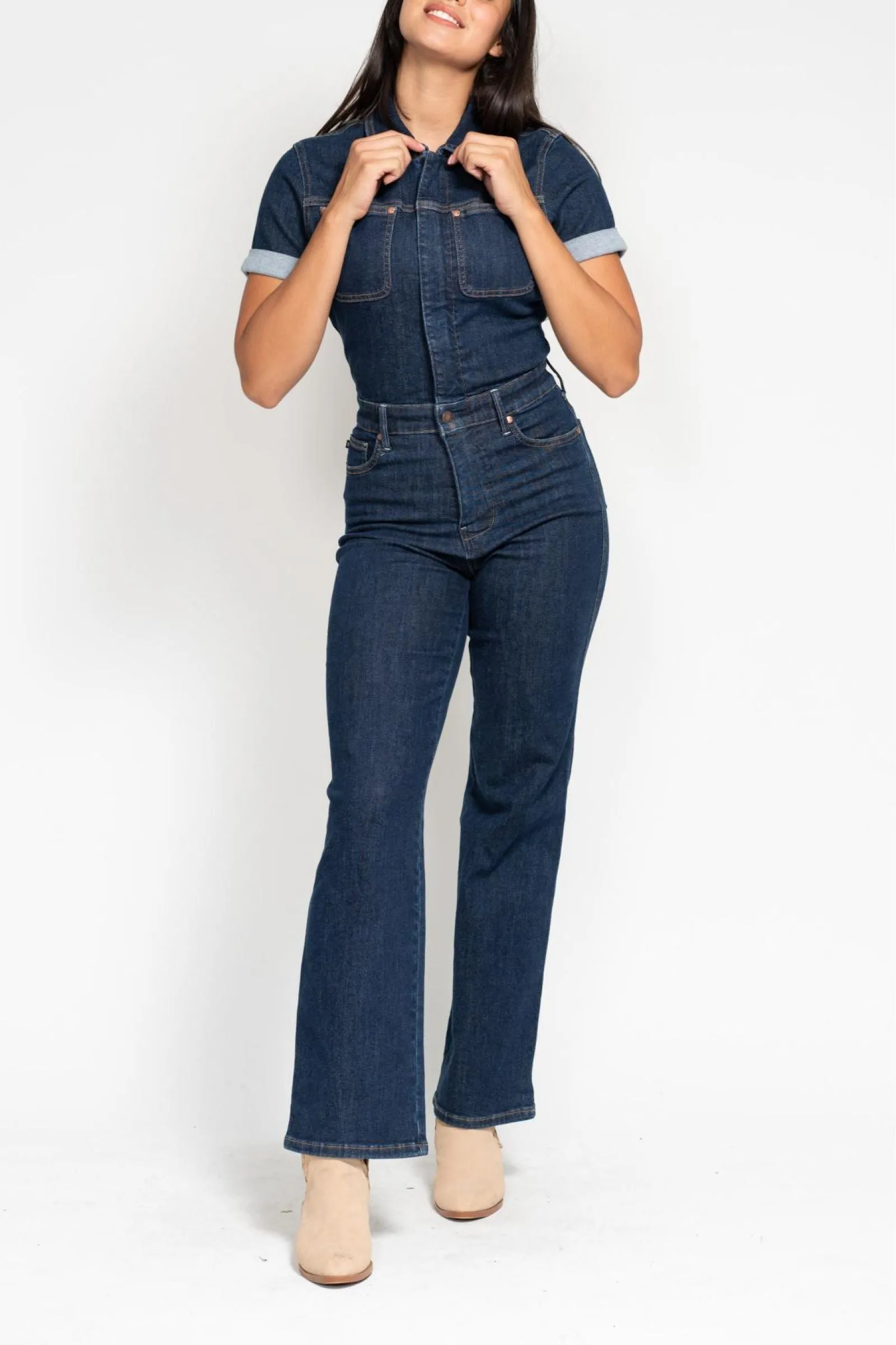 Judy Blue High Waist Tummy Control Short Sleeve Straight Denim Jumpsuit 88835