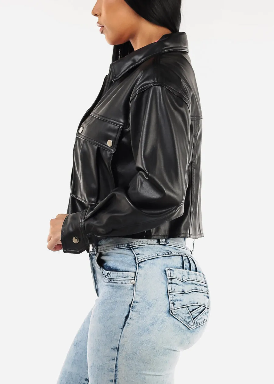 Long Sleeve Vegan Leather Black Cropped Jacket
