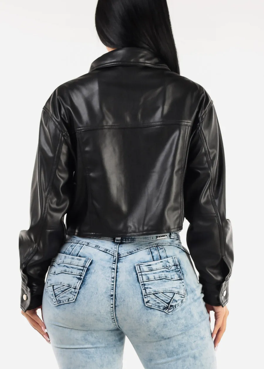 Long Sleeve Vegan Leather Black Cropped Jacket
