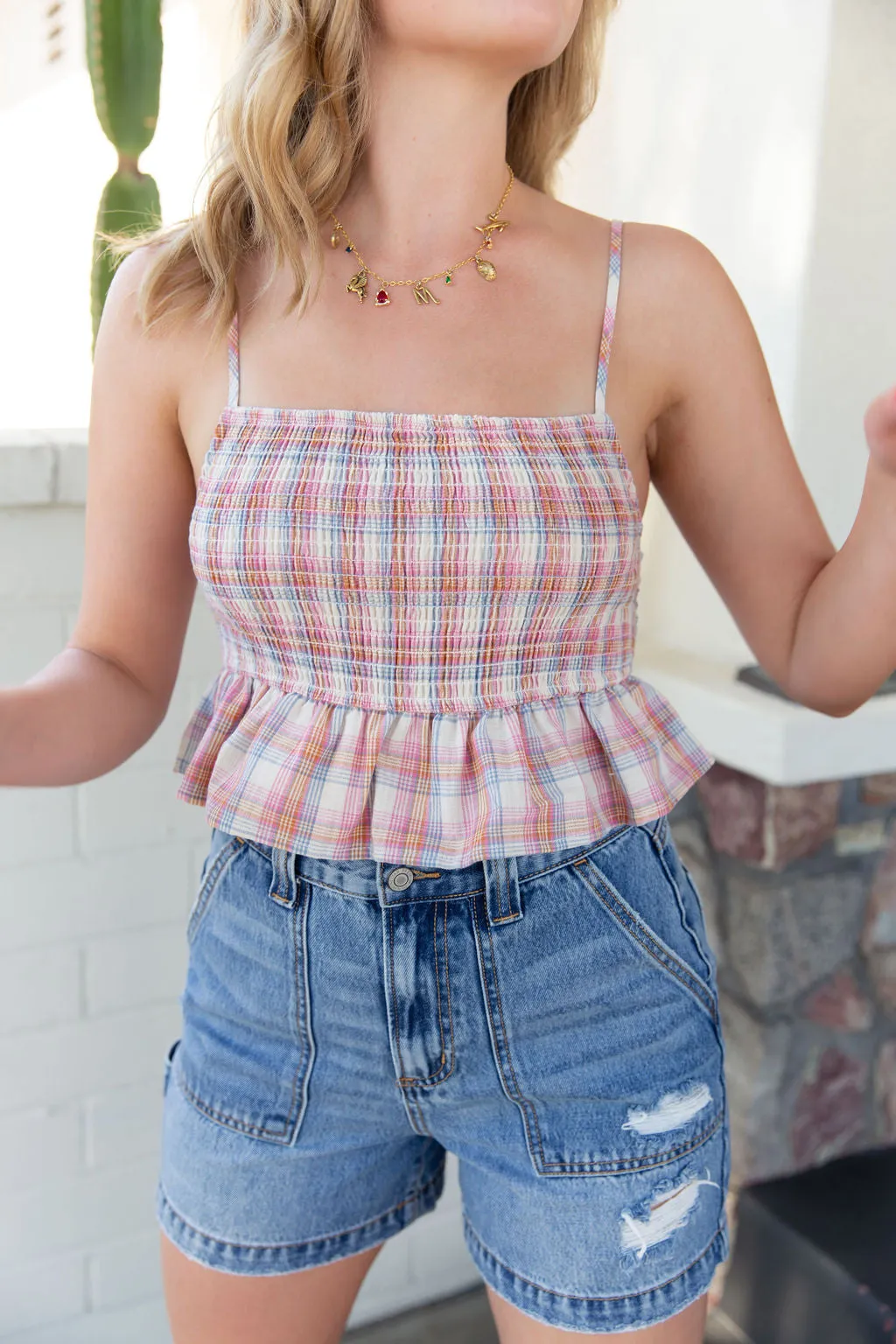 Nectar Plaid Smocked Babydoll Top