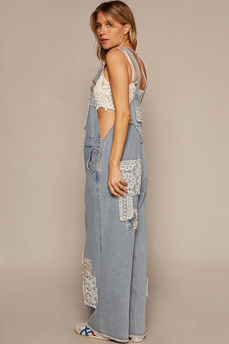 POL Denim Overalls with Crochet Patch Details