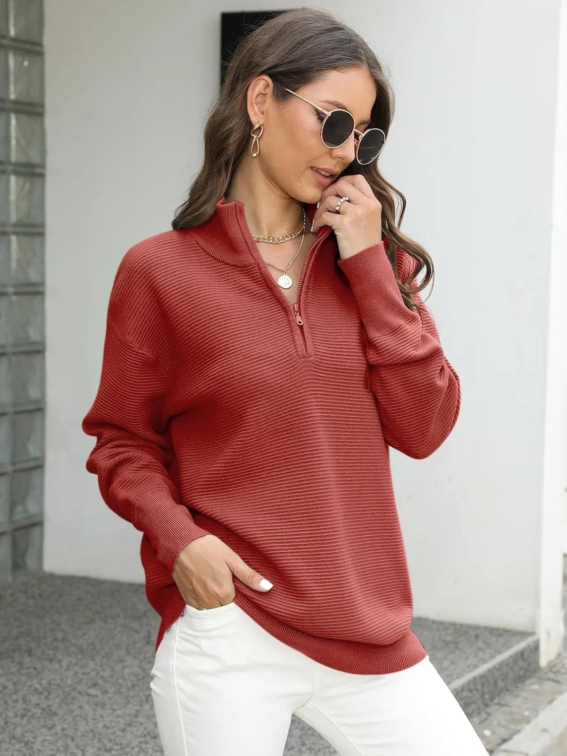 Quarter-Zip Ribbed Knit Sweater with Stand Collar