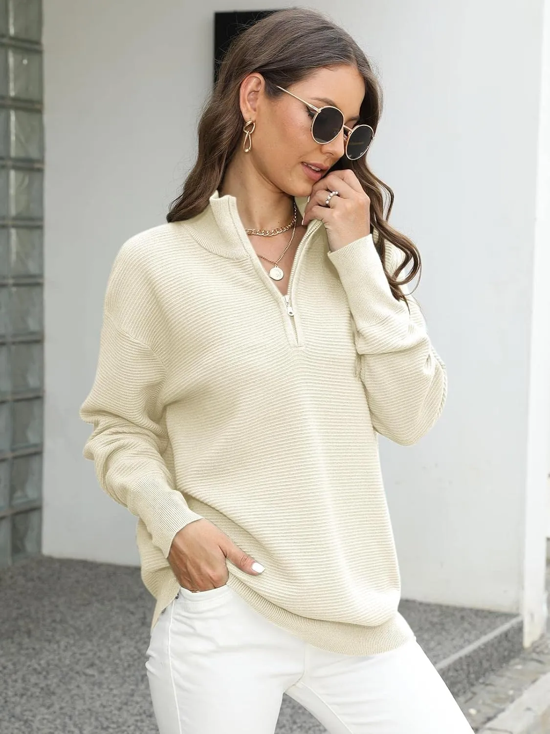 Quarter-Zip Ribbed Knit Sweater with Stand Collar