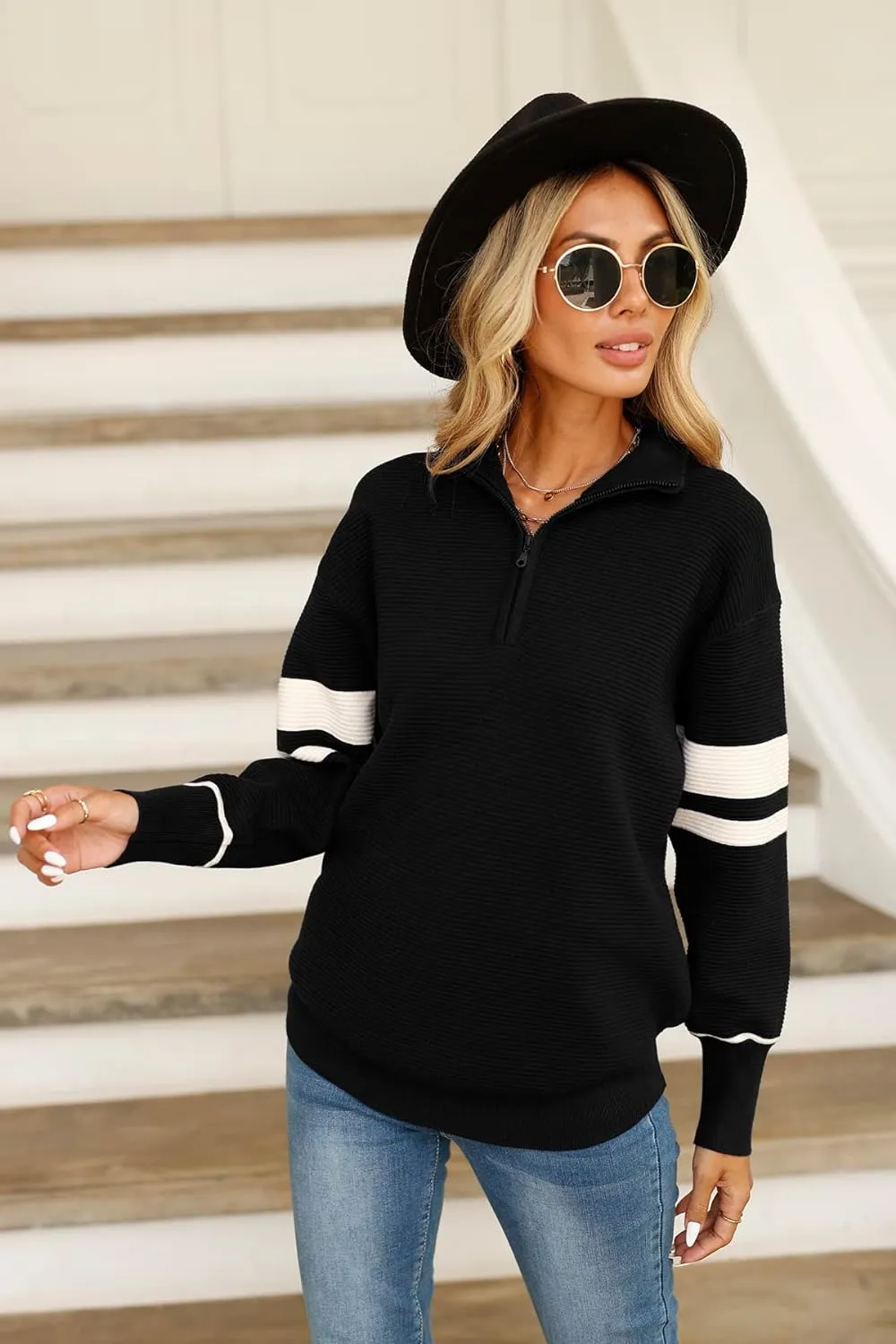 Quarter-Zip Ribbed Knit Sweater with Stand Collar