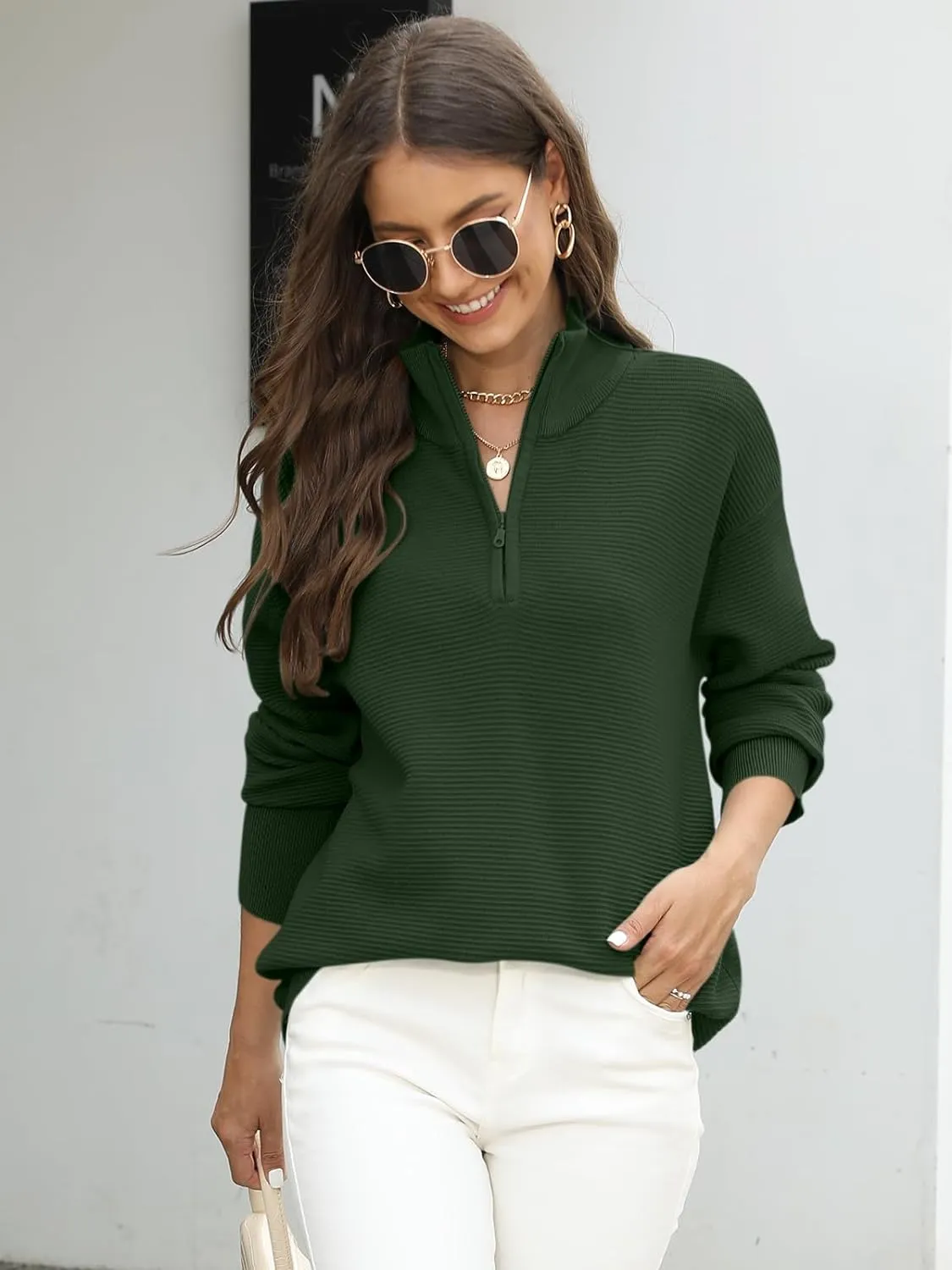 Quarter-Zip Ribbed Knit Sweater with Stand Collar