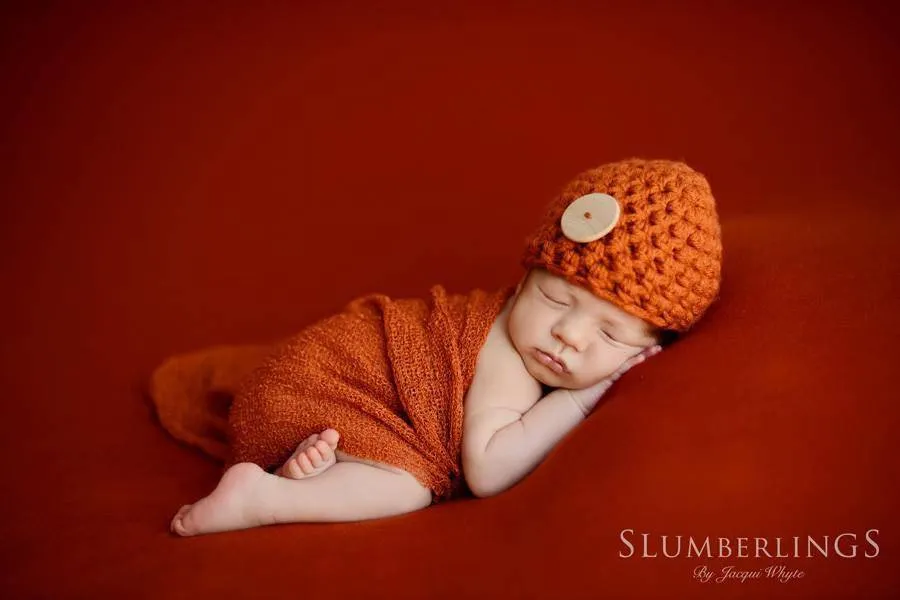 SET Pumpkin Orange Button Beanie Hat and Stretch Knit Wrap