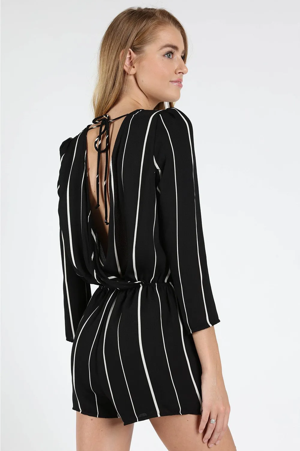 St Thomas V Back Striped Romper, Black