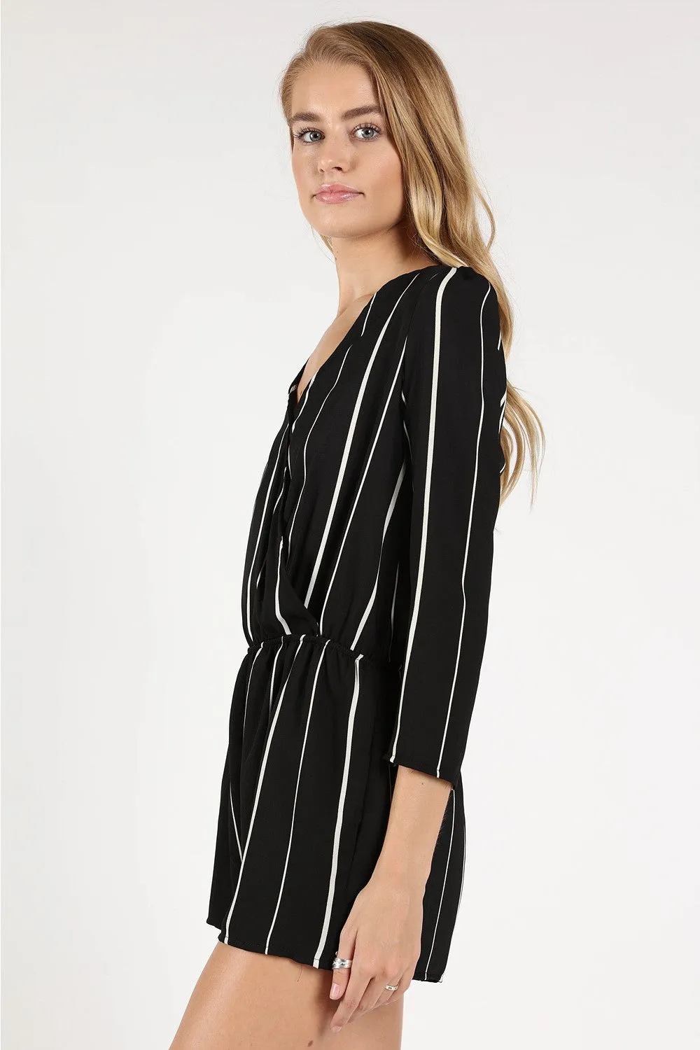 St Thomas V Back Striped Romper, Black