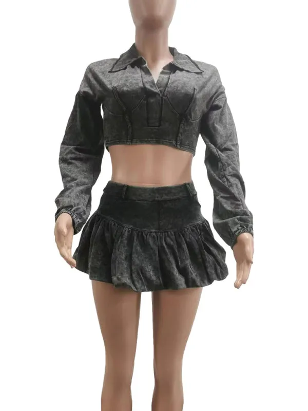 Trendy Washed Denim Cropped Jacket and Mini Skirt Set