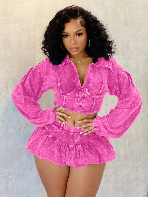 Trendy Washed Denim Cropped Jacket and Mini Skirt Set