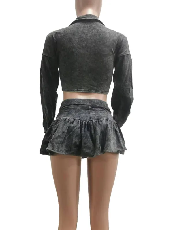 Trendy Washed Denim Cropped Jacket and Mini Skirt Set