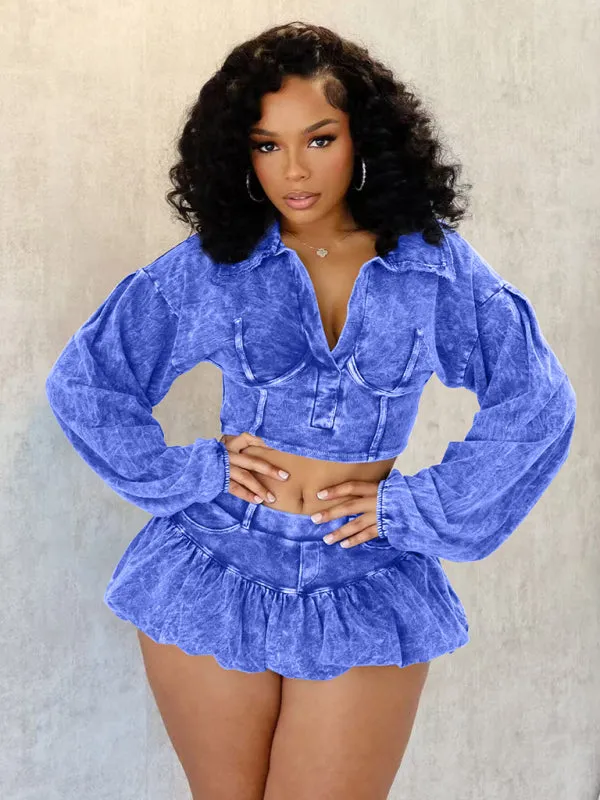 Trendy Washed Denim Cropped Jacket and Mini Skirt Set