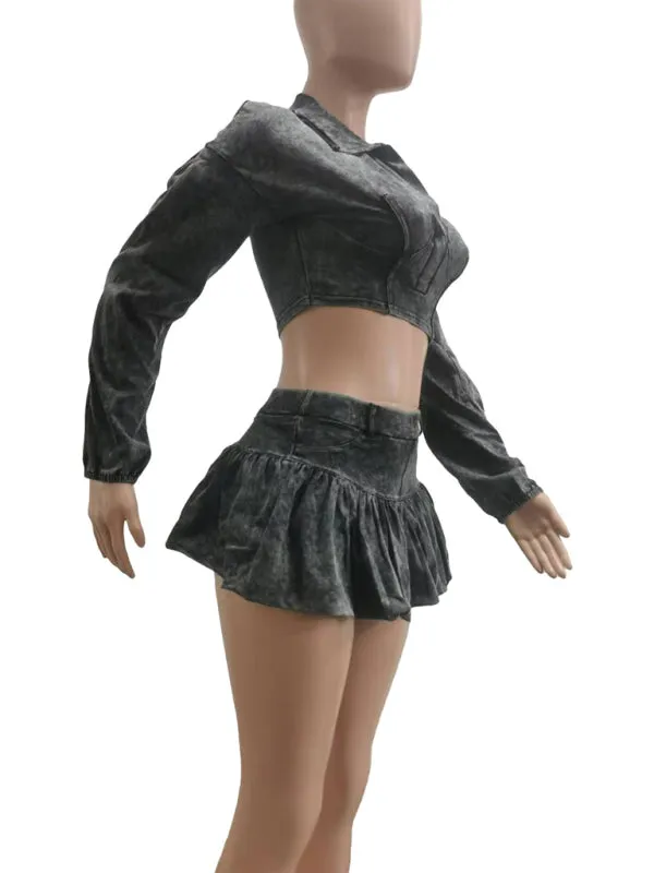 Trendy Washed Denim Cropped Jacket and Mini Skirt Set