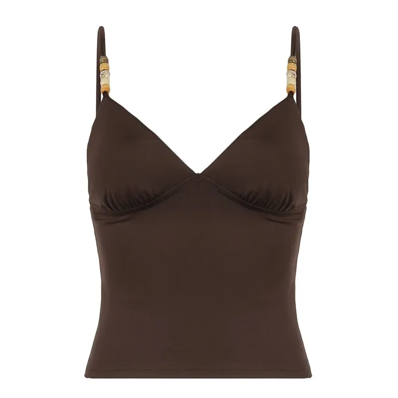 Vintage Brown Strap Beading Y2K Tops Camisole 2000s Aesthetic Skinny Mini Party Tops Holidays Solid Korean Cute Short