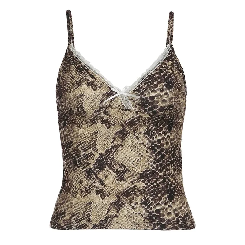 Vintage Snake Pattern Print Summer Top Camisole Lace Spliced Slim Bow Stripe Y2K Aesthetic 90s Sexy Crop Tops Female